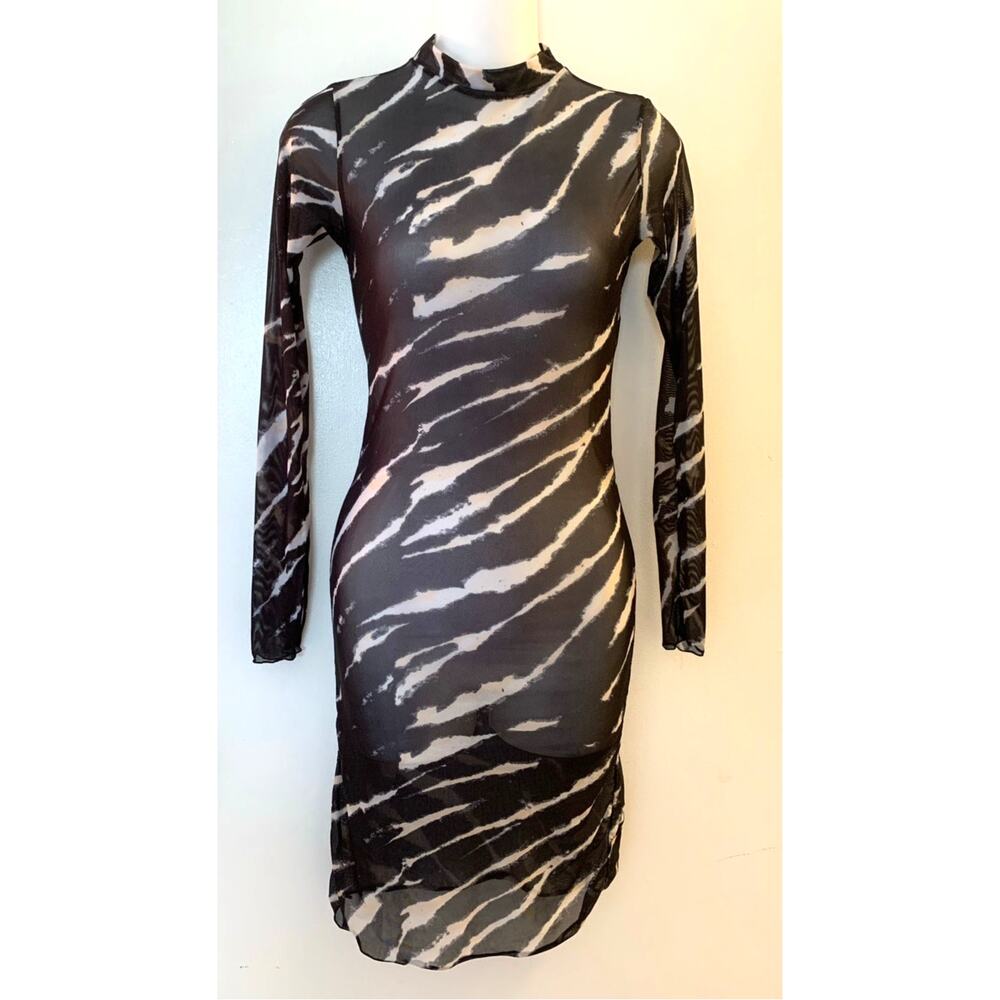 Sheer Mesh Zebra Animal Print Long Sleeve Bodycon Dress Black White Small